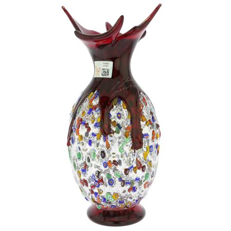 Murano Millefiori Art Glass Spiky Amphora Vase Red Glass Art