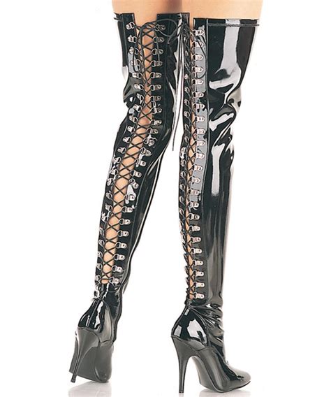 Seduce Back Lacing Black Patent Thigh High Boots Fetish Wear Boots