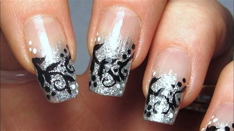 Silver Glitter Tips With Black Vines Design Nail Art