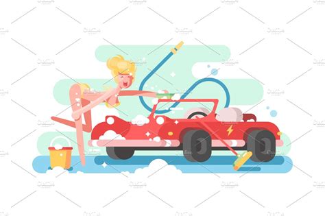 sexy girl washing a car ~ illustrations ~ creative market