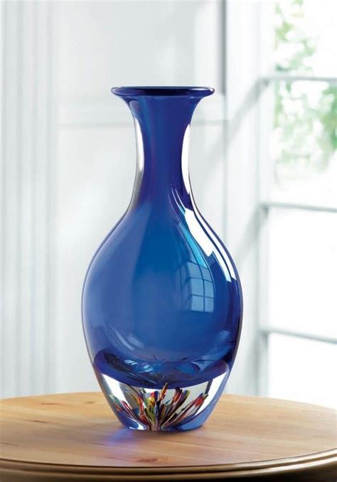 Vibrant Blue Art Glass Bottleneck Vase Tabletop Centerpiece Blue