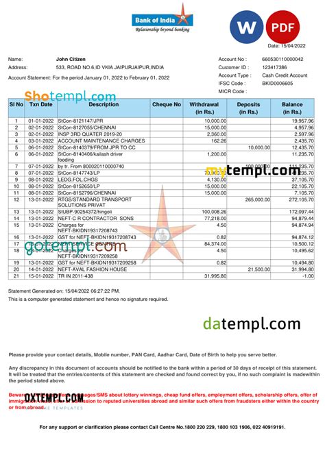 india bank  india bank statement word   template