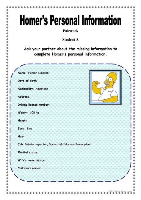Homer S Personal Information English Esl Worksheets For Distance