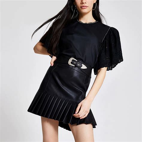 black faux leather pleated peplum mini skirt mini skirts