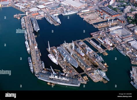 aerial view  british naval base portsmouth uk showing hms ark royal