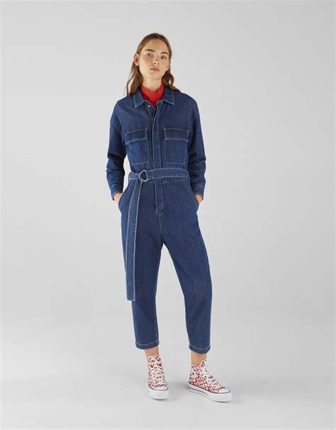 denim jumpsuit  buttons discover     items  bershka   products