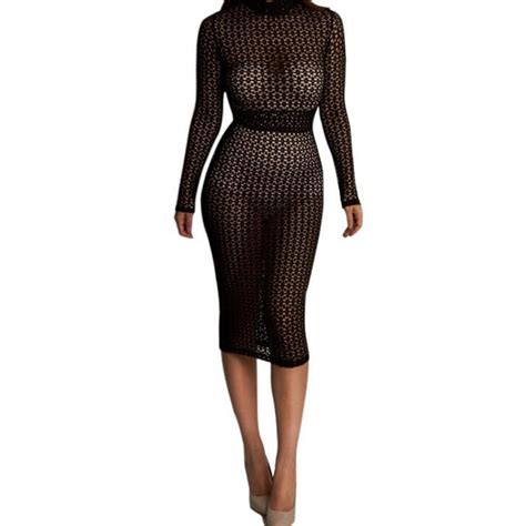 2016 Elegant Black Grid Dress Long Sleeved See Through Hollow Lace Slim