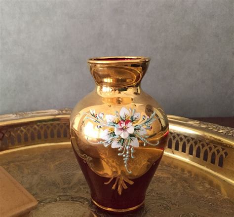 Vintage Murano Cranberry Glass Vase 24 Kt Gold Overlay Hand Painted
