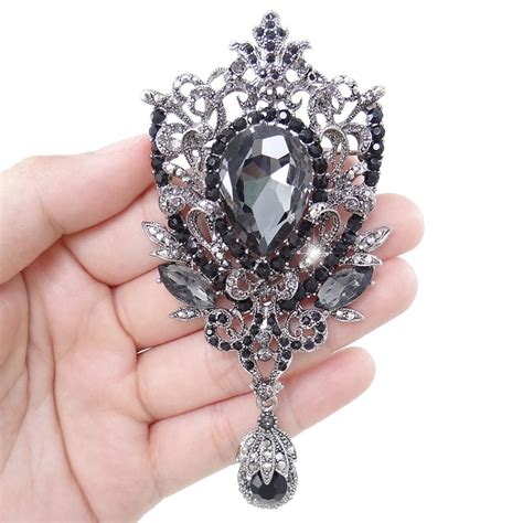 vintage style black vine flower brooch pins tear drop rhinestone