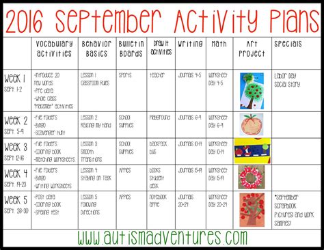 september activity plans autism adventures