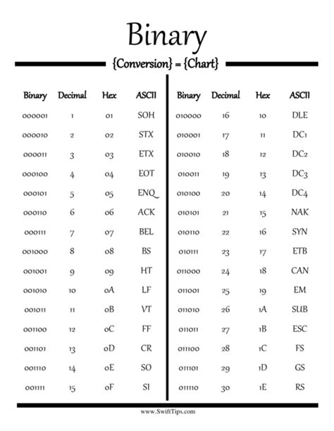 binary  decimal conversion chart printable