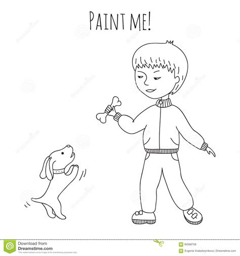 coloring boy  dog stock vector illustration  affectionate