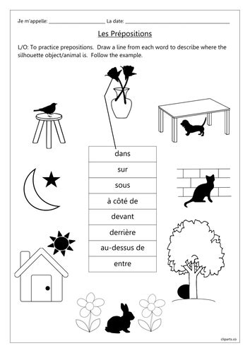introduction  french prepositions worksheets teaching resources