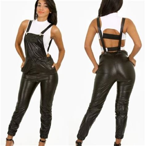 sexy womens braces jumpsuits faux leather trousers black leather catsuit pants ebay