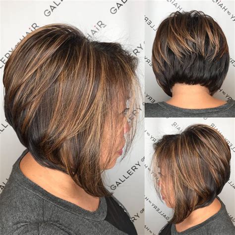 brunette stacked angled bob  caramel highlights  latest