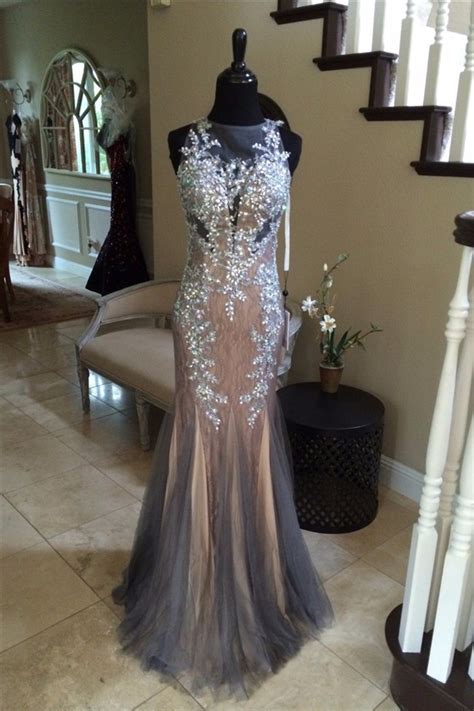 mermaid illusion neckline open back grey tulle lace beaded