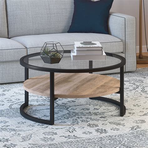 Evelynandzoe Modern Metal Round Coffee Table With Glass Top
