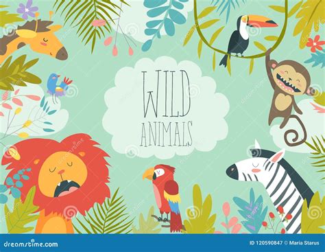 happy jungle animals creating  framed background stock vector