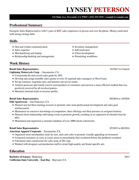 good resume examples customer service retail sales representative