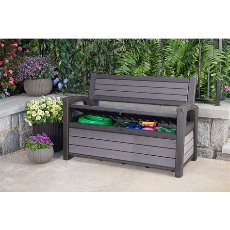 keter hudson  gal plastic outdoor backyard patio storage bench deck