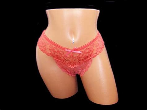 hot coral open crotch brazilian v thong cheeky crotchless panty plus