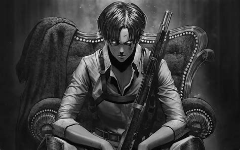 xpx    levi ackerman  rifle monochrome attack  titan levi