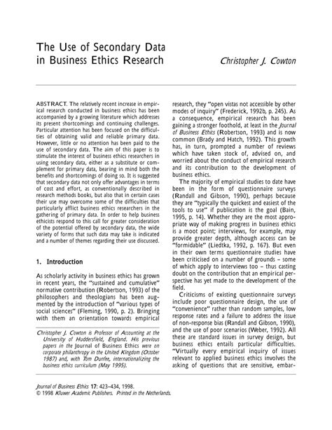 secondary data  business ethics research journal