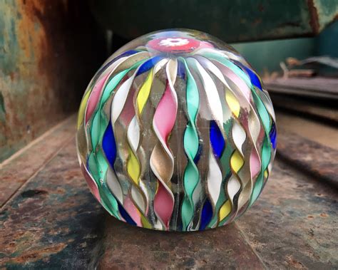 Vintage Latticino Ribbon Art Glass Paperweight Orb Pastel Colors