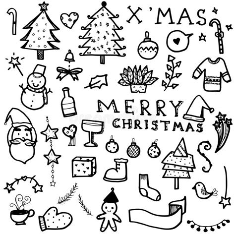 vector set  christmas drawn doodles  black   white background