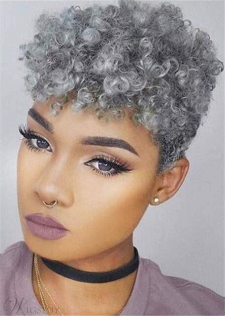 short afro kinky curly synthetic wigs grey mixed black pixie cut wig