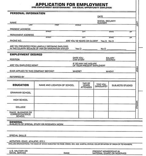 Employment Applications Free Printable Documents