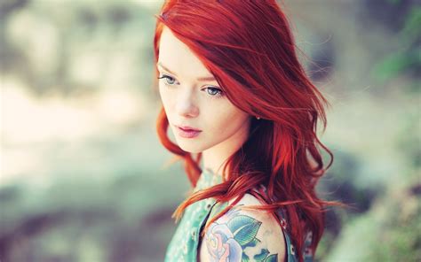 wallpaper red hair girl tattoos blur background