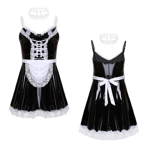 iefiel mens male patent leather sissy maid dress cosplay costume sexy