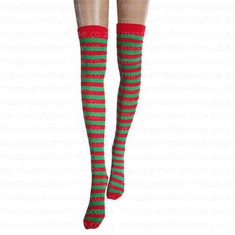 red and green stripe thigh high stockings masquerade costume hire