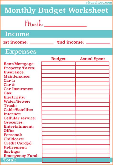 printable monthly budget worksheets
