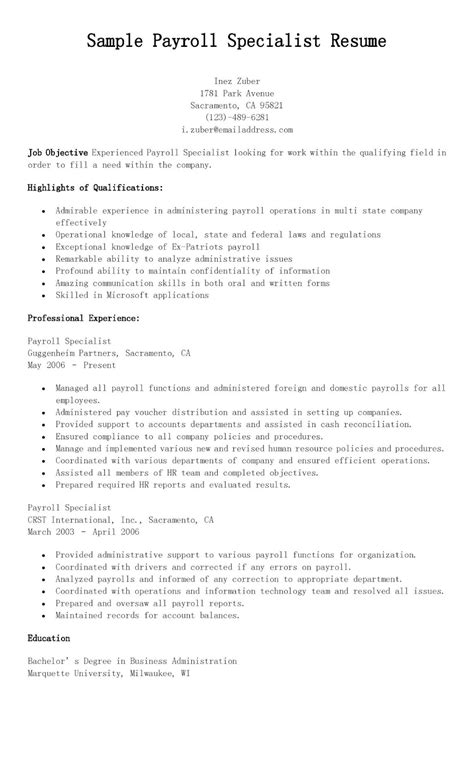 resume samples sample payroll specialist resume