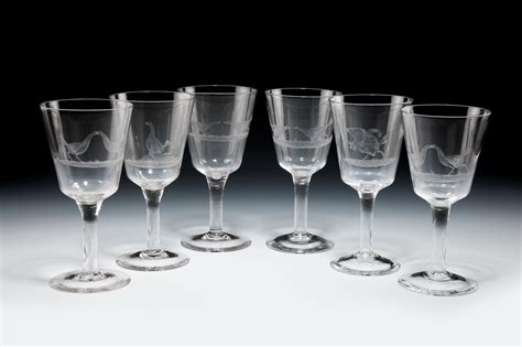 six antique wine glasses engraved with cock fighting richard gardner