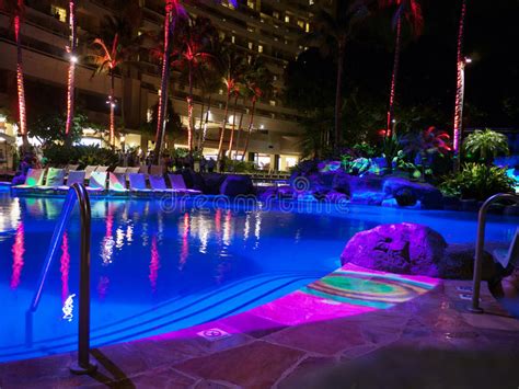 Hotel Pool At Night With Colorful Lights Stock Image Image Of Trees