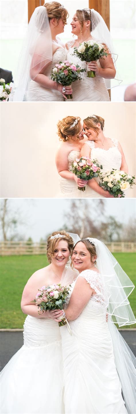 rustic same sex wedding at mythe barn with brides in traditional ivory gowns by mori lee and