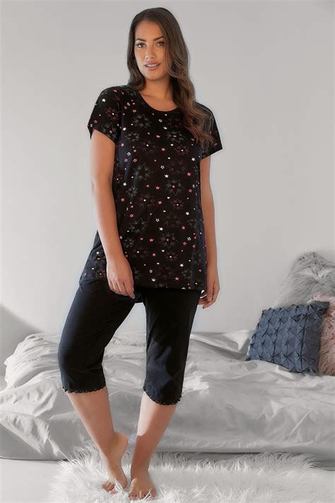 black and pink star print pyjama top plus size 16 to 36