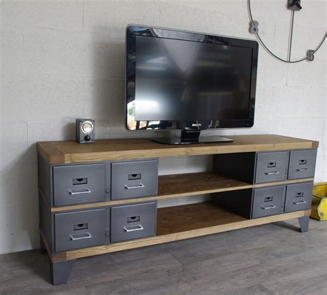 industriel meuble tv metal  bois tiroirs