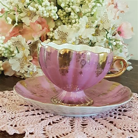 vintage pink tea cup saucer hand painted hand crafted shafford