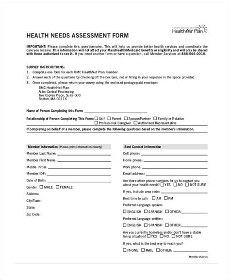 sample health assessment forms   ms word