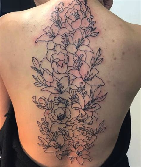 Floral Outline Back Tattoo Spine Tattoos Back Tattoo