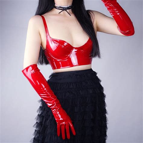 buy patent leather gloves female bright red extra long