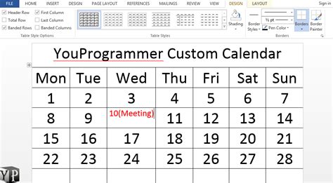 calendar  word document youprogrammer