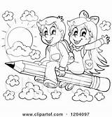 Children Clipart School Flying Cartoon Happy Pencil Writing Royalty Visekart Kids Vector Drawing Child Clip Clipartof Coloring Pages Clipground Colouring sketch template