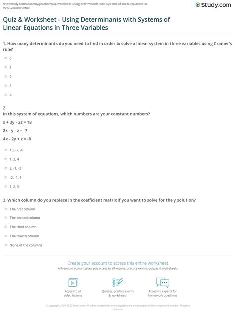 quiz worksheet  determinants  systems  linear equations