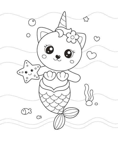 premium vector cute  mermaid cat drawing coloring page
