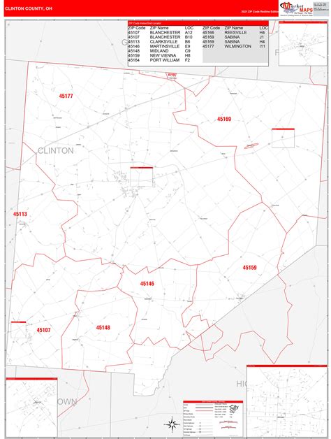 clinton county  zip code wall map red  style  marketmaps